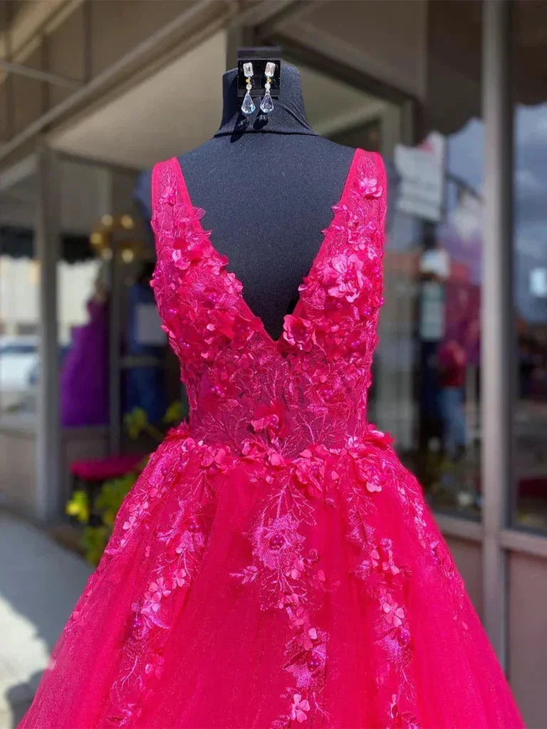 V Neck Pink Lace Prom Dresses, Pink V Neck Long Lace Formal Evening Dresses Y227 - Image 2