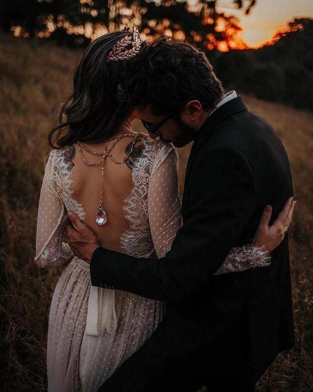 V-Neck Polka Dot Lace Open Back Long Sleeve  Boho Bridal Gown WD433 - Image 2
