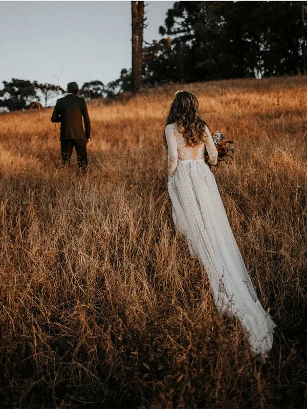 V-Neck Polka Dot Lace Open Back Long Sleeve  Boho Bridal Gown WD433 - Image 3