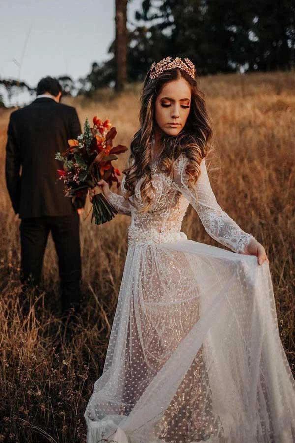 V-Neck Polka Dot Lace Open Back Long Sleeve  Boho Bridal Gown WD433 - Image 4