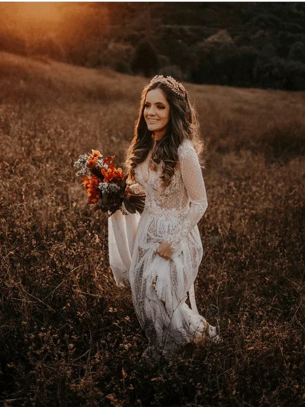 V-Neck Polka Dot Lace Open Back Long Sleeve  Boho Bridal Gown WD433 - Image 5