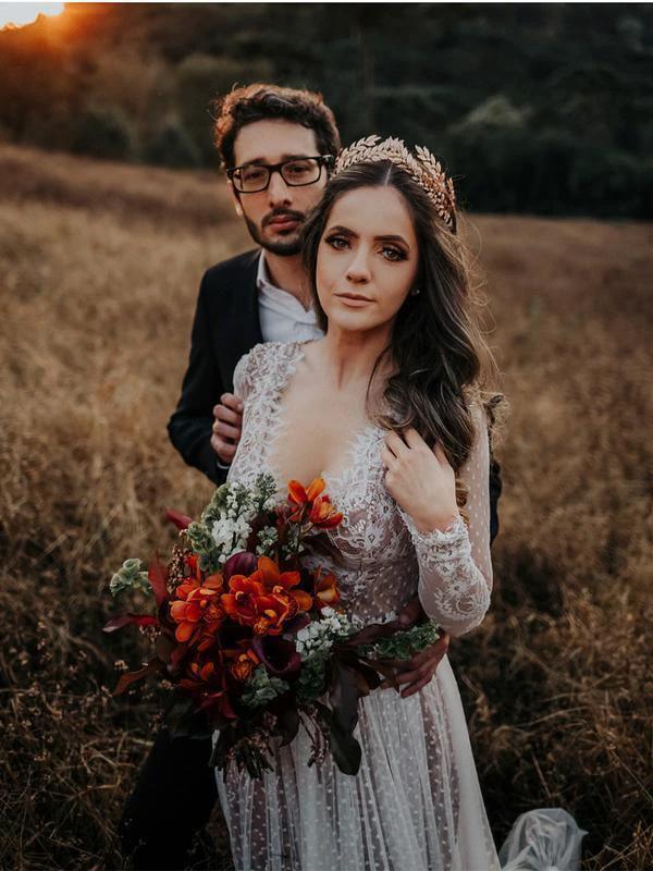 V-Neck Polka Dot Lace Open Back Long Sleeve  Boho Bridal Gown WD433 - Image 6