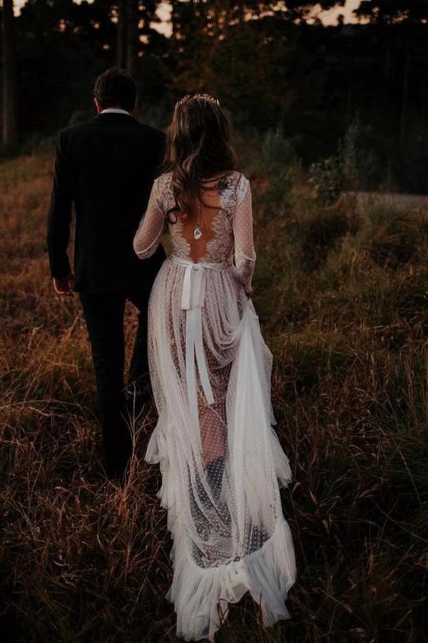 V-Neck Polka Dot Lace Open Back Long Sleeve  Boho Bridal Gown WD433 - Image 7