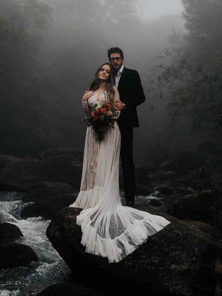 V-Neck Polka Dot Lace Open Back Long Sleeve  Boho Bridal Gown WD433 - Image 8