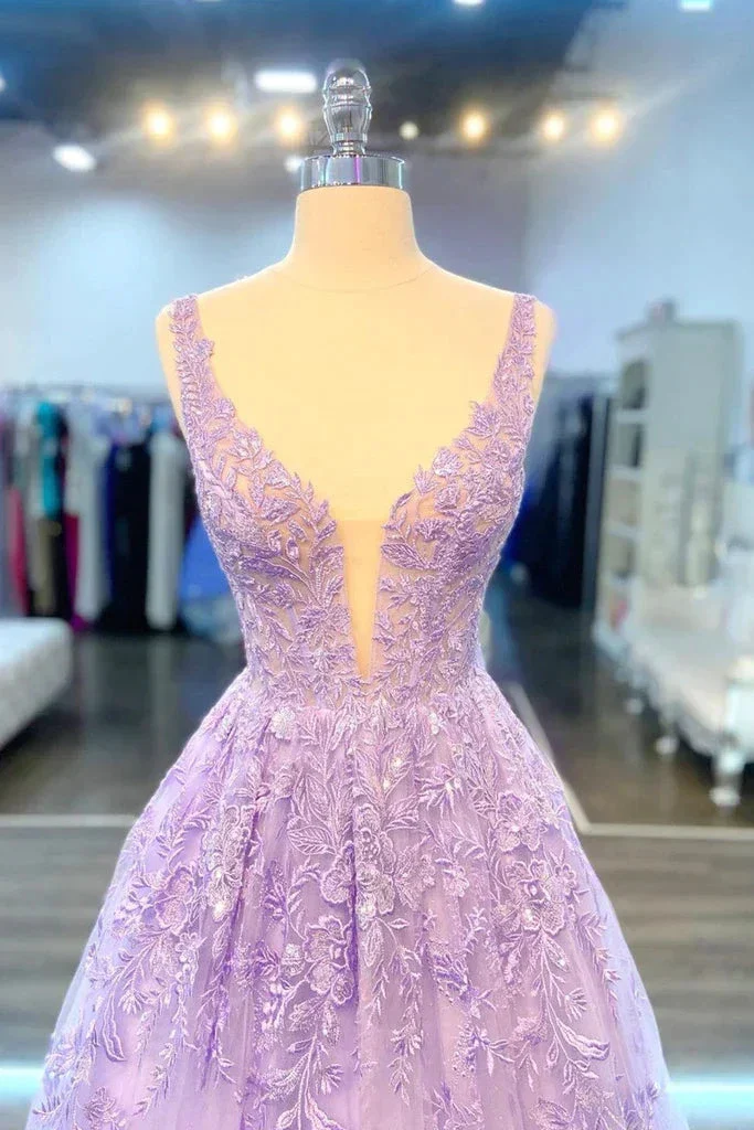 V Neck Purple Lace Long Prom Dress, Lilac Lace Formal Dress, Purple Evening Dress Y200 - Image 2