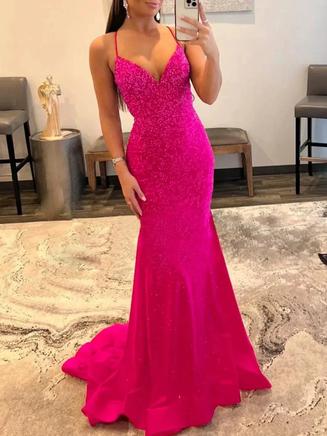 Malia |Mermaid V Neck Red Glitter Satin Prom Dress - Image 10