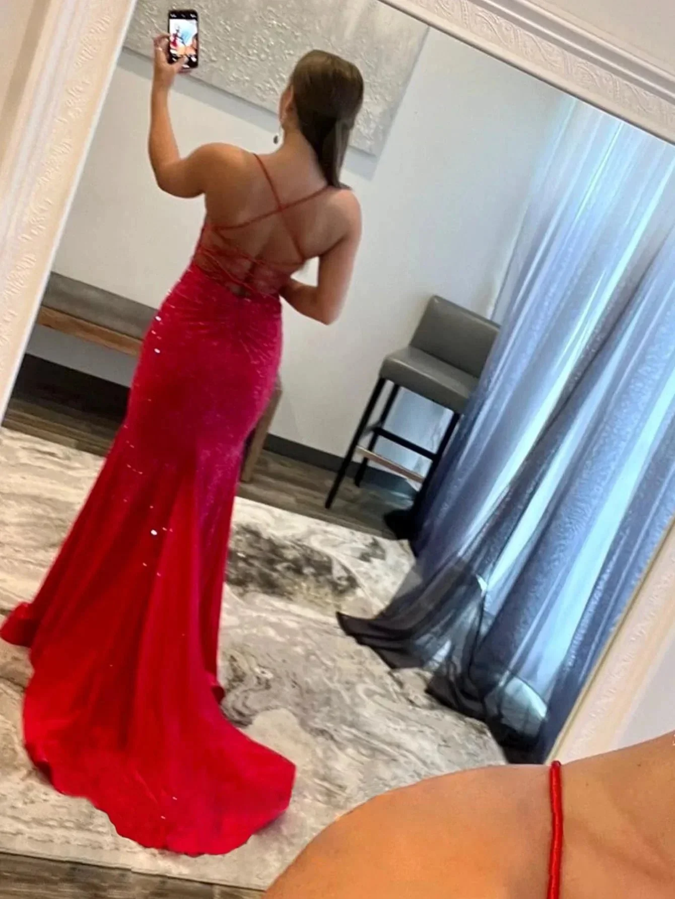 Malia |Mermaid V Neck Red Glitter Satin Prom Dress - Image 2