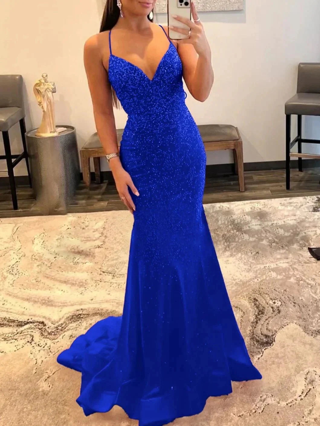 Malia |Mermaid V Neck Red Glitter Satin Prom Dress - Image 5