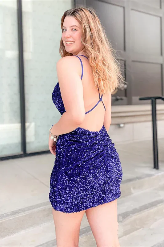 V-neck Royal Blue Spaghetti Straps Sleeveless Short Homecoming Dresses - Image 2