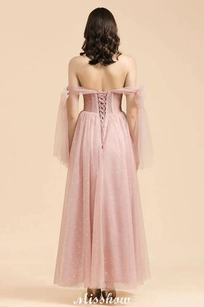 V-Neck Ruffle Chffion Sleeves Aline Bridesmaid Dress Dusty Pink Wedding party Dress - Image 2