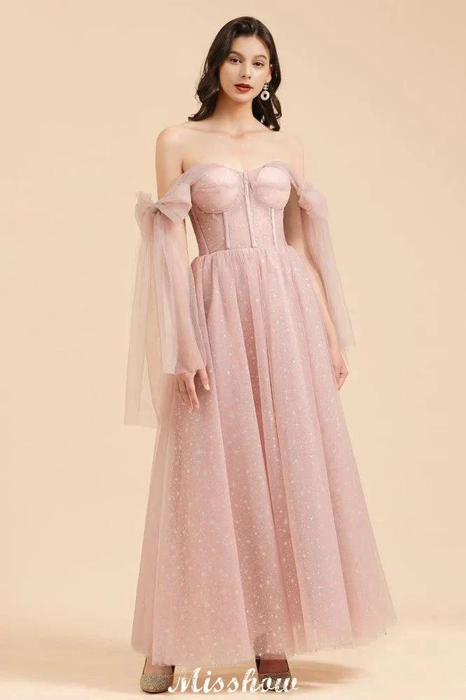 V-Neck Ruffle Chffion Sleeves Aline Bridesmaid Dress Dusty Pink Wedding party Dress - Image 3