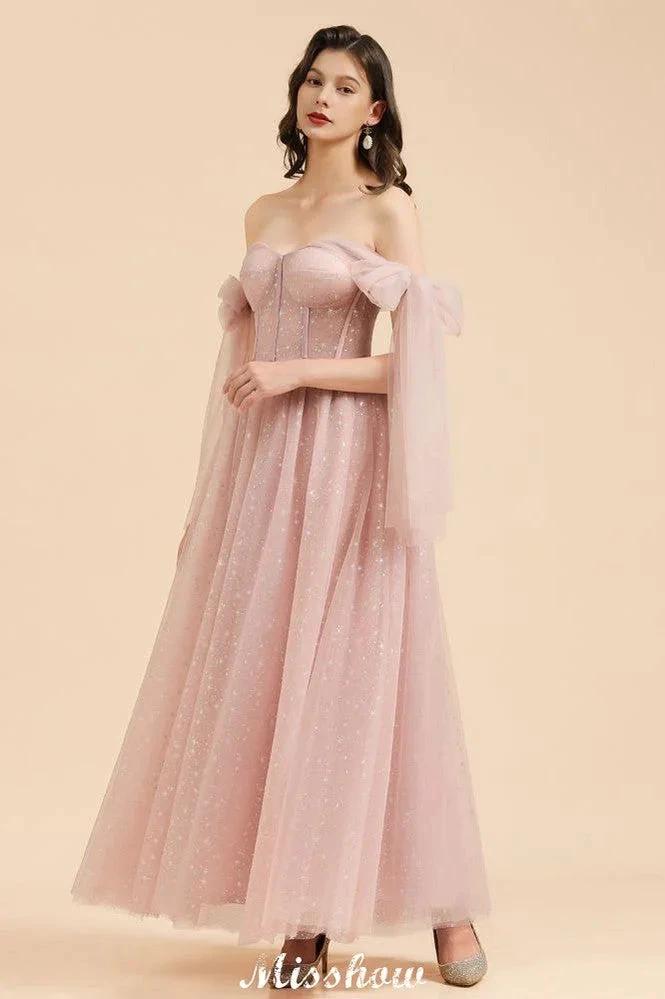 V-Neck Ruffle Chffion Sleeves Aline Bridesmaid Dress Dusty Pink Wedding party Dress - Image 4