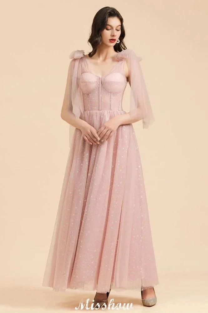 V-Neck Ruffle Chffion Sleeves Aline Bridesmaid Dress Dusty Pink Wedding party Dress - Image 5