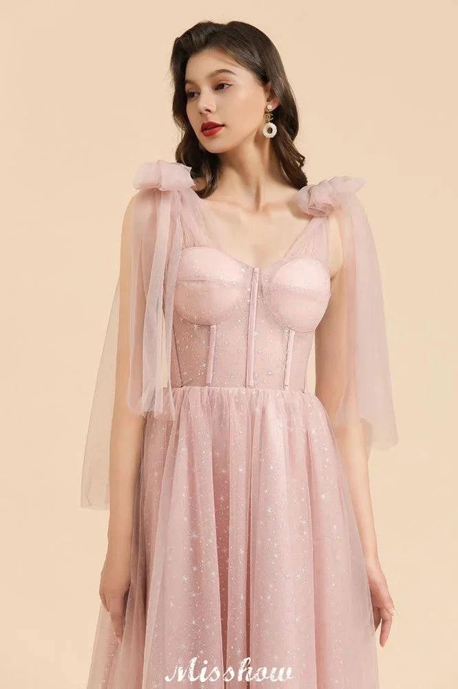 V-Neck Ruffle Chffion Sleeves Aline Bridesmaid Dress Dusty Pink Wedding party Dress - Image 9