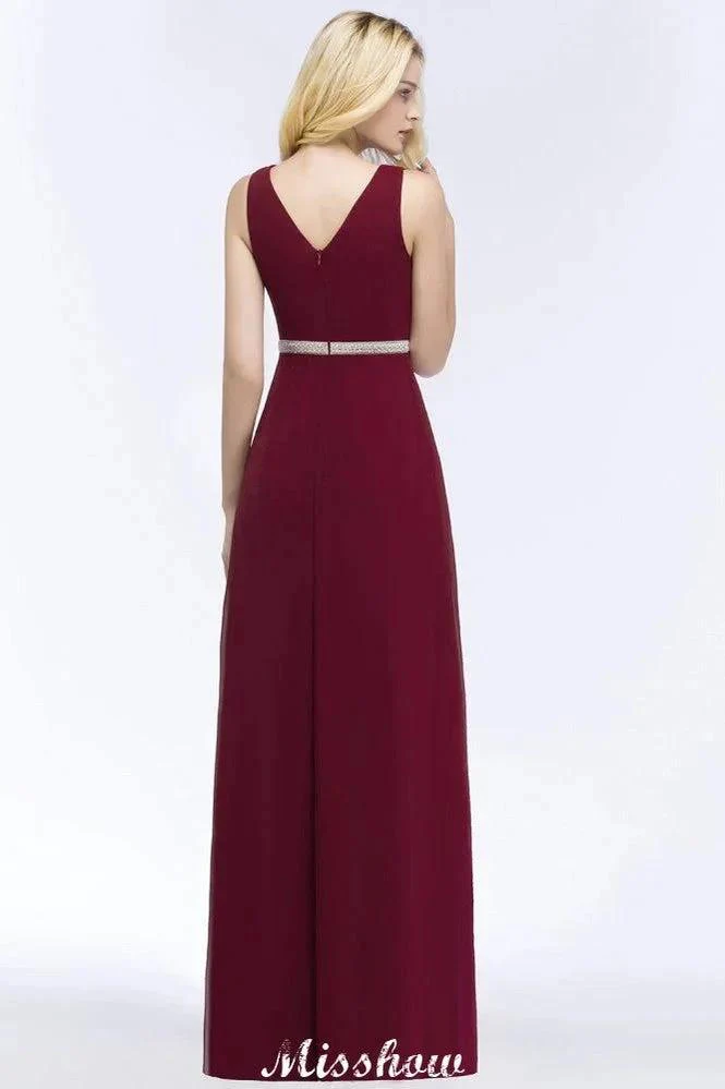 V-neck Ruffled Floor-Length Beading Bridesmaid Dresses A-line Chiffon with Sash - Image 2