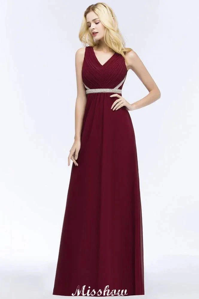 V-neck Ruffled Floor-Length Beading Bridesmaid Dresses A-line Chiffon with Sash - Image 3