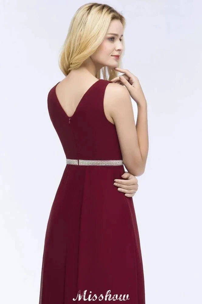 V-neck Ruffled Floor-Length Beading Bridesmaid Dresses A-line Chiffon with Sash - Image 5