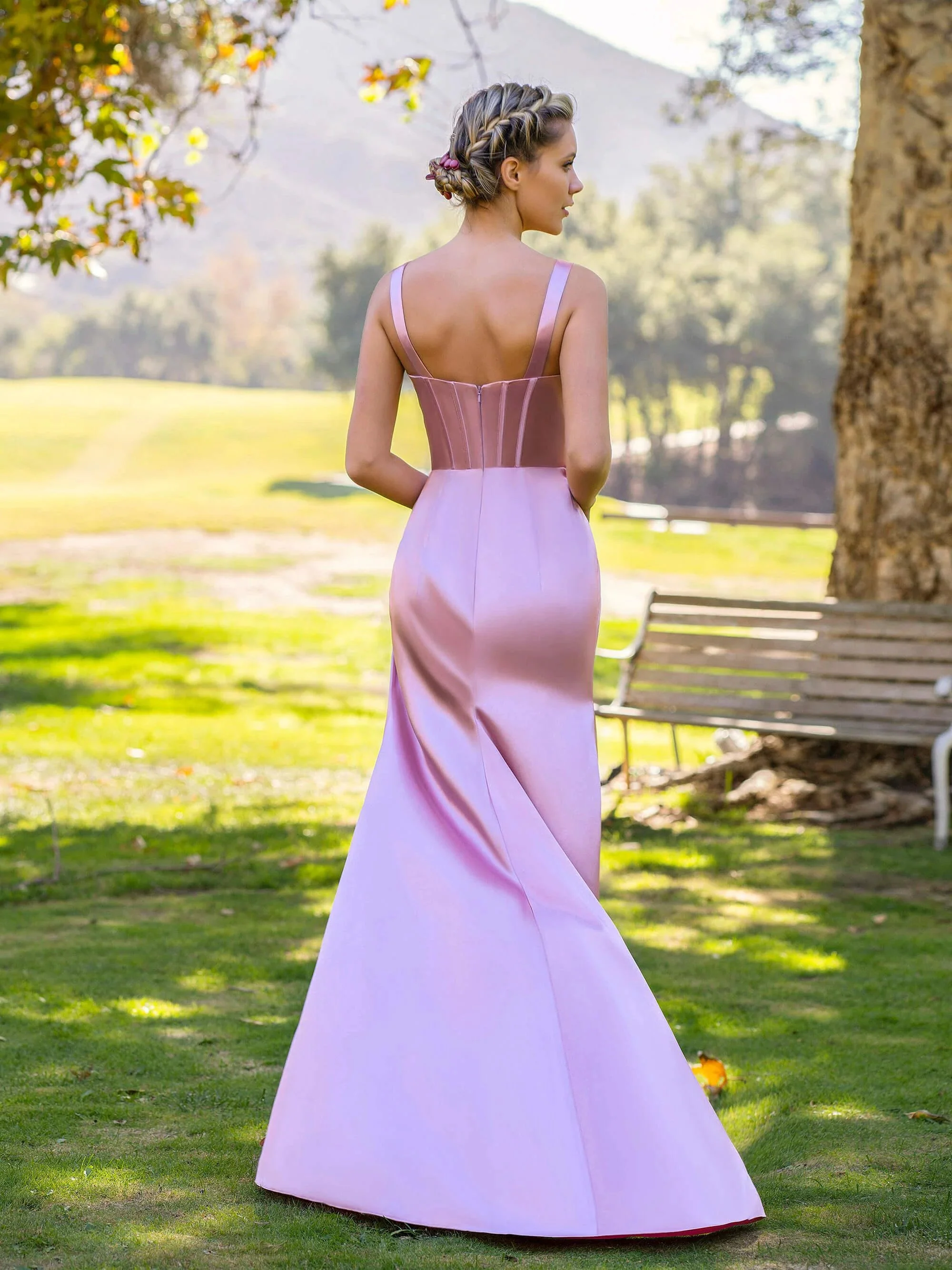 Sheath Pink V-neck Satin Floor Length Prom Dress - Image 2