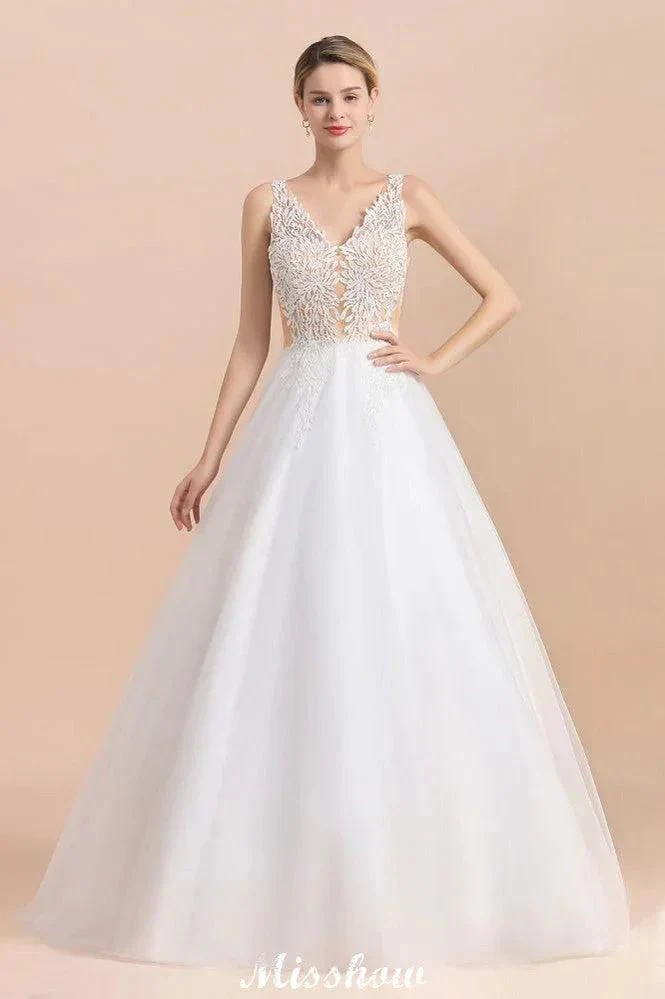 V-Neck See-through Lace Aline Wedding Dress Floor length Princess Bridal Gown - Image 6