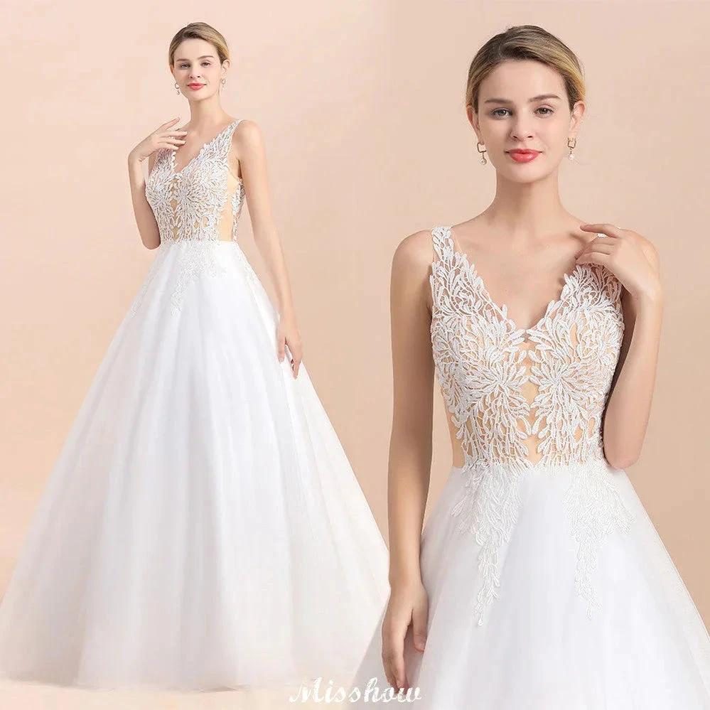 V-Neck See-through Lace Aline Wedding Dress Floor length Princess Bridal Gown - Image 9
