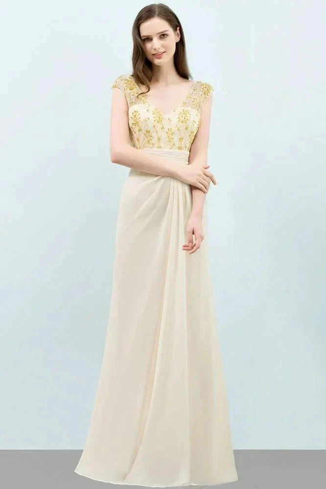 V-neck Sequined Top A-line Floor Length Chiffon Prom Dresses - Image 2