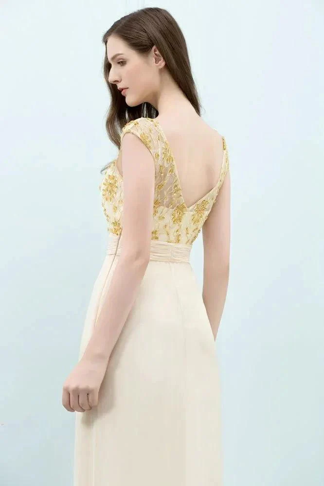 V-neck Sequined Top A-line Floor Length Chiffon Prom Dresses - Image 3