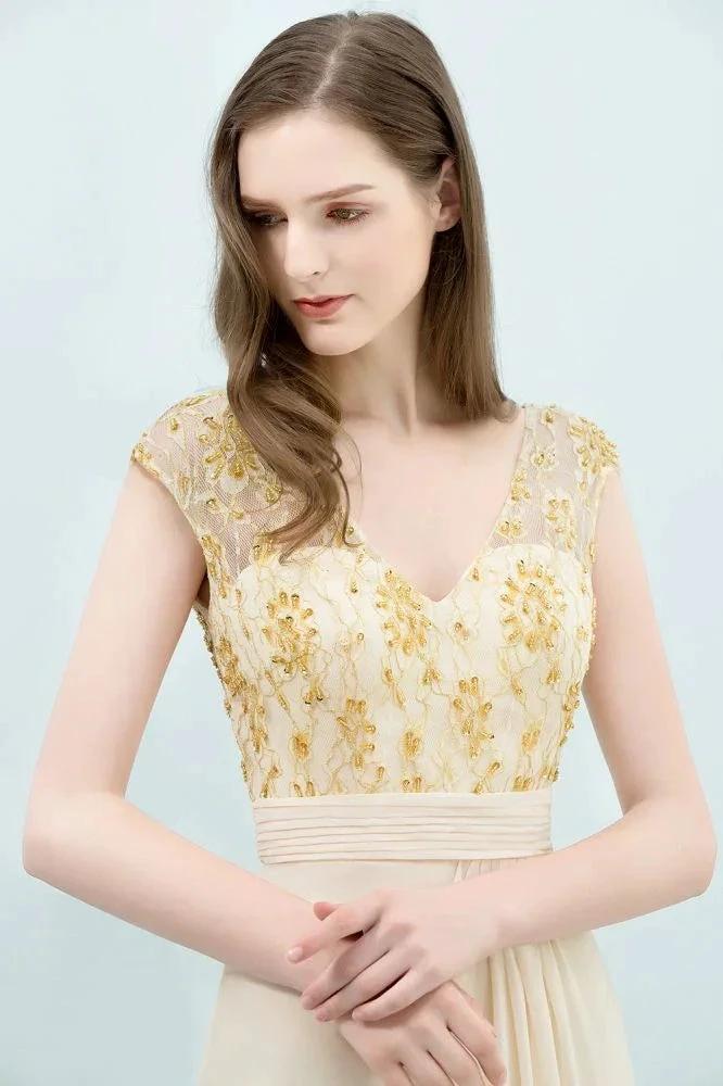 V-neck Sequined Top A-line Floor Length Chiffon Prom Dresses - Image 5