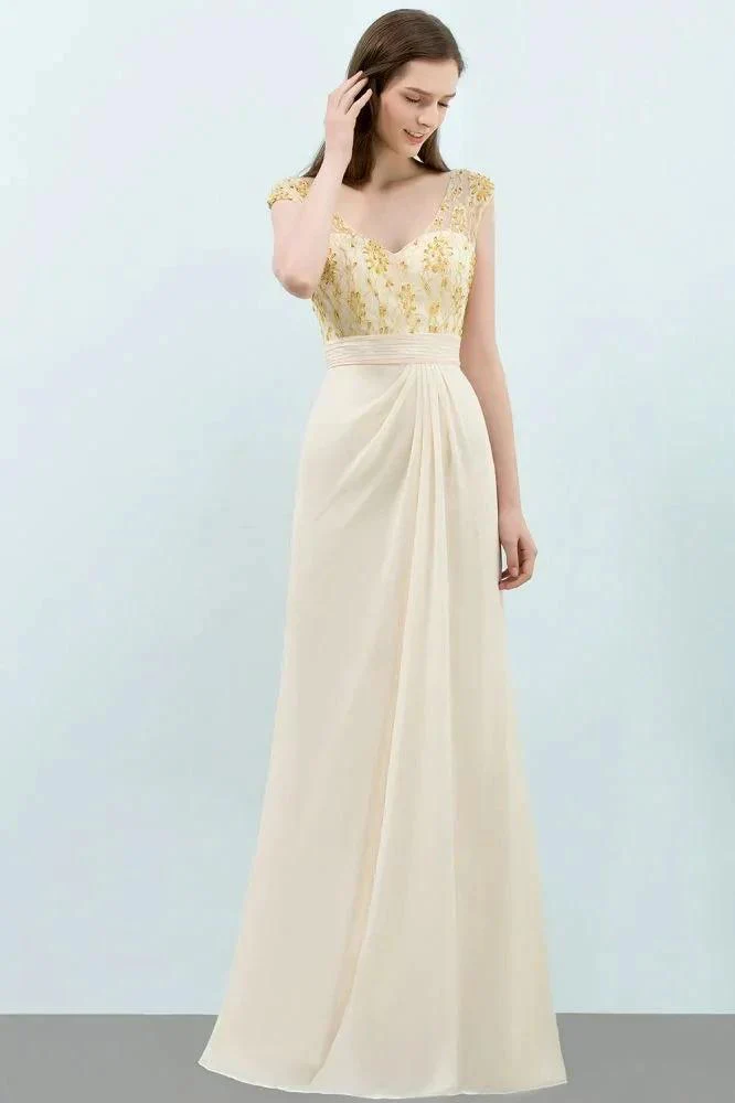 V-neck Sequined Top A-line Floor Length Chiffon Prom Dresses - Image 6