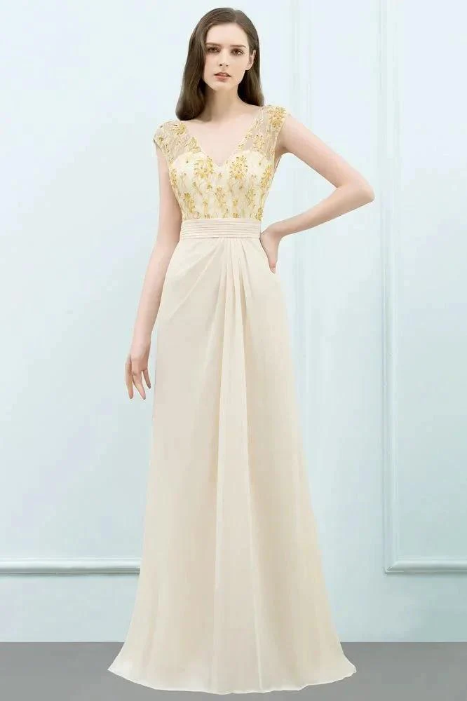 V-neck Sequined Top A-line Floor Length Chiffon Prom Dresses - Image 7