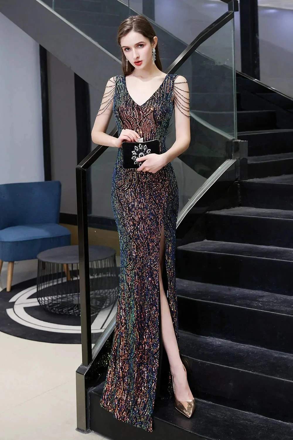 V-Neck Sequins Long Evening Dress With Split - Image 10