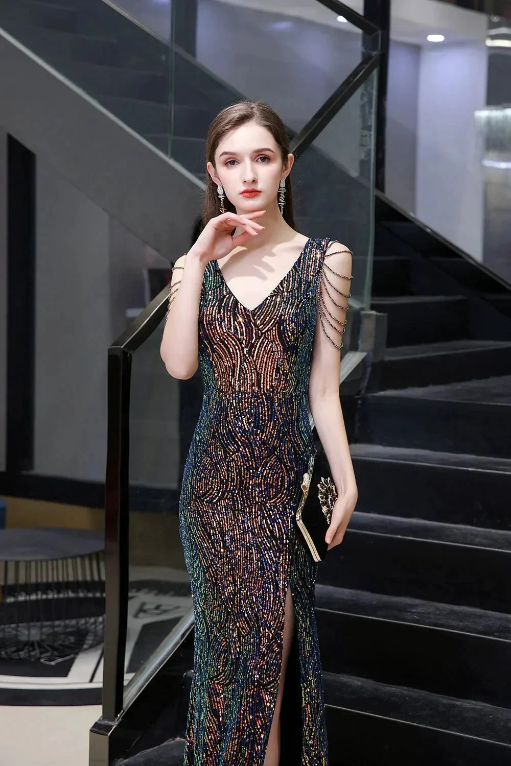 V-Neck Sequins Long Evening Dress With Split - Image 2