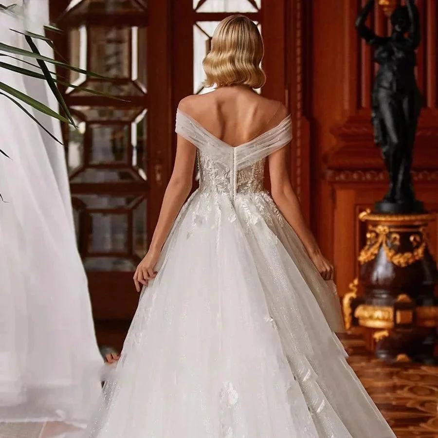 V-neck Sexy Romantic Wedding Dress 2023 A-line Floor-length Charming Off The Shoulder Beaded Appliques Bridal - Image 2