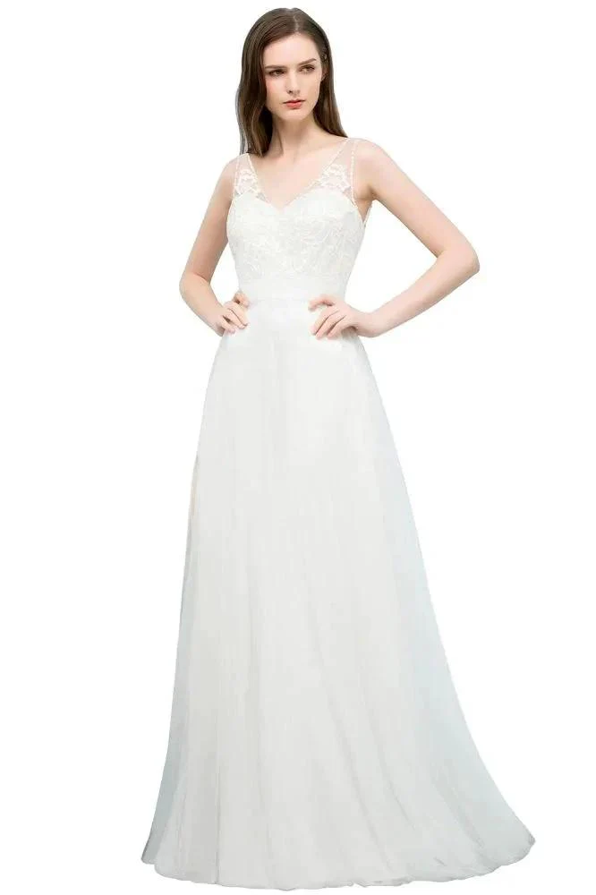 V-neck Sleeveless A-line Floor Length Lace Tulle Prom Dresses - Image 10