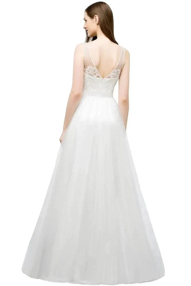 V-neck Sleeveless A-line Floor Length Lace Tulle Prom Dresses - Image 11