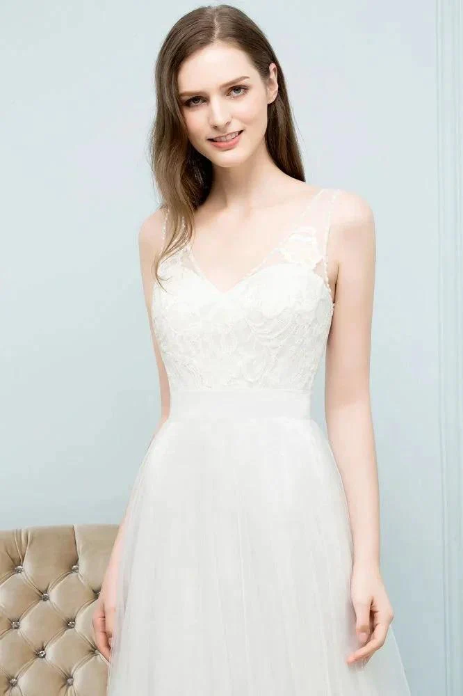 V-neck Sleeveless A-line Floor Length Lace Tulle Prom Dresses - Image 3