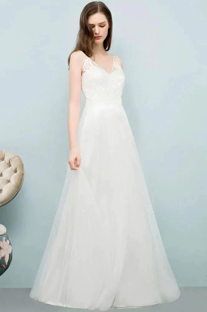 V-neck Sleeveless A-line Floor Length Lace Tulle Prom Dresses - Image 4