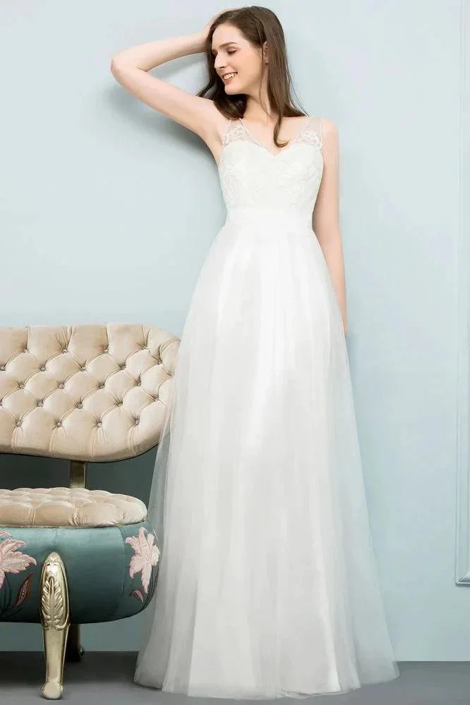 V-neck Sleeveless A-line Floor Length Lace Tulle Prom Dresses - Image 5