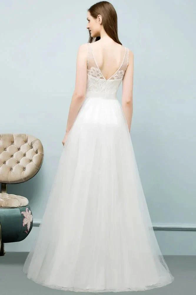 V-neck Sleeveless A-line Floor Length Lace Tulle Prom Dresses - Image 6