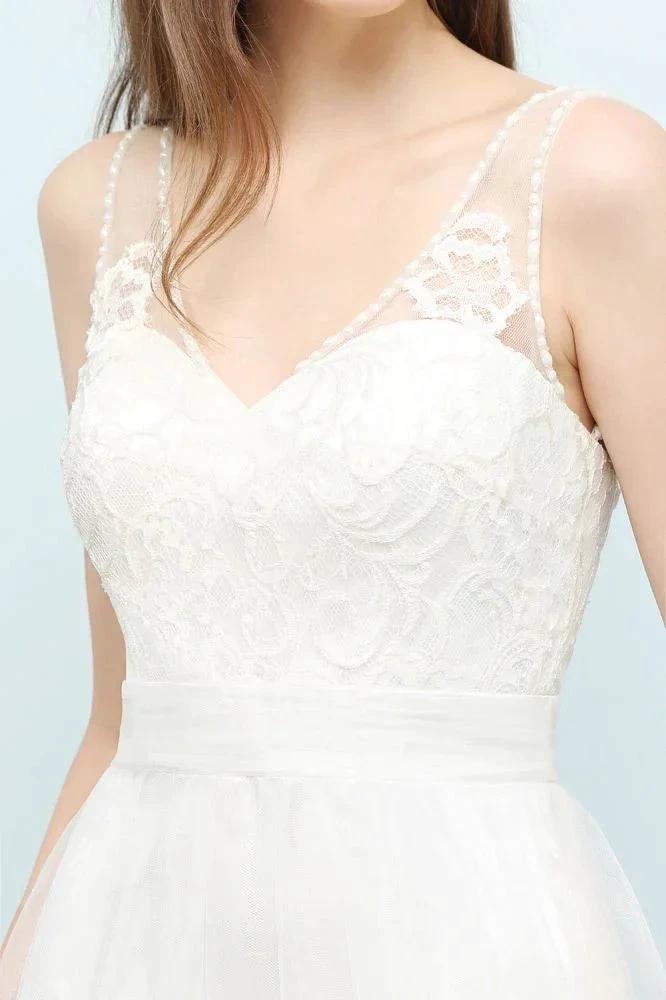 V-neck Sleeveless A-line Floor Length Lace Tulle Prom Dresses - Image 7
