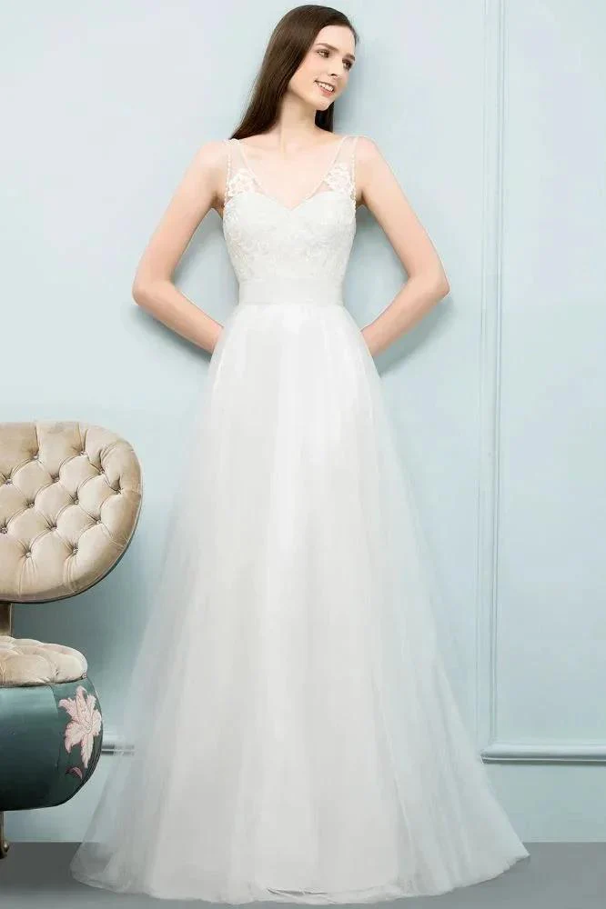 V-neck Sleeveless A-line Floor Length Lace Tulle Prom Dresses - Image 8