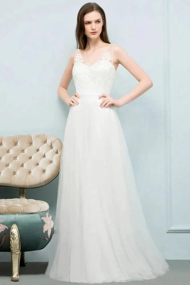 V-neck Sleeveless A-line Floor Length Lace Tulle Prom Dresses - Image 9