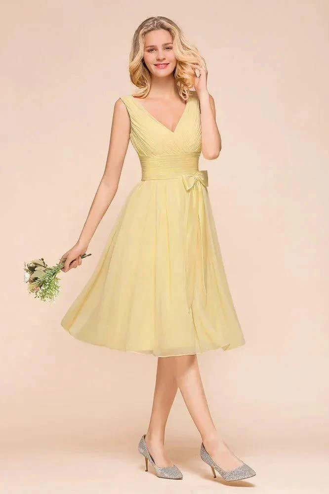 V-Neck Sleeveless A-line Mini Dress Ankle Length Bridesmaid Dress - Image 3