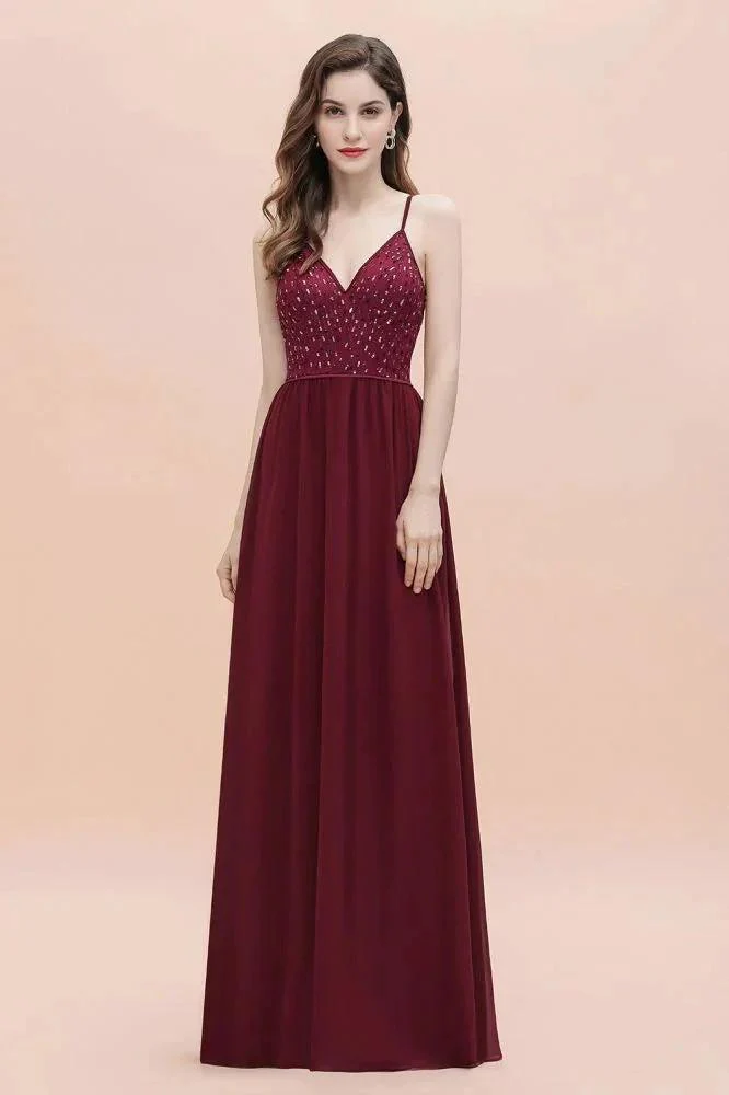 V-Neck Sleeveless Aline Evening Dress Sequins Bridesmaid Dress - Image 3