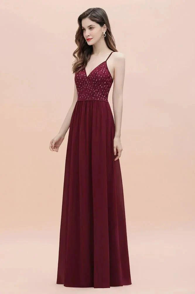 V-Neck Sleeveless Aline Evening Dress Sequins Bridesmaid Dress - Image 4