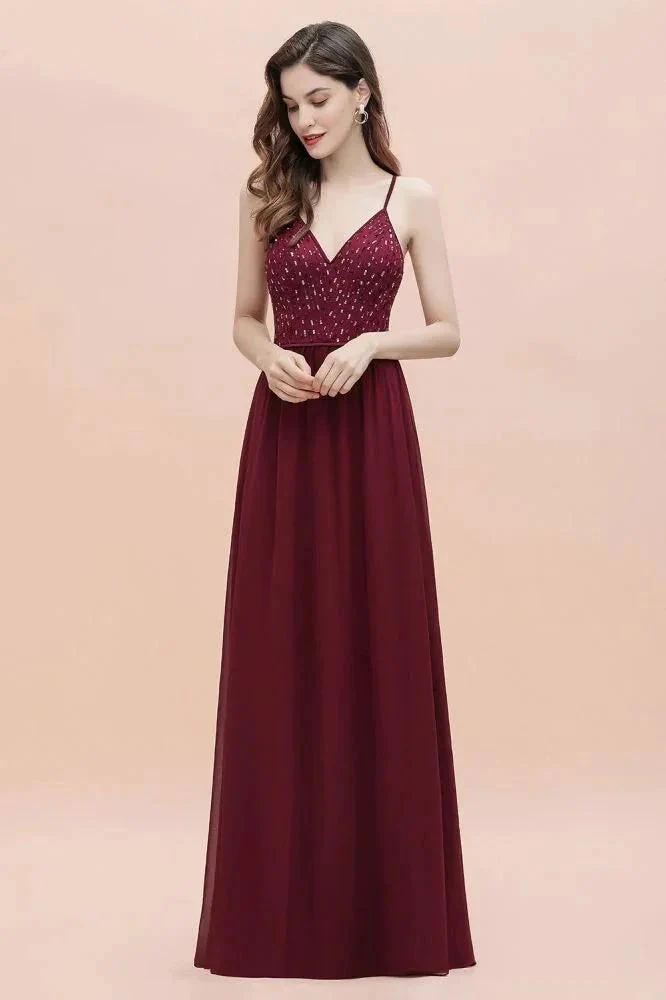 V-Neck Sleeveless Aline Evening Dress Sequins Bridesmaid Dress - Image 5
