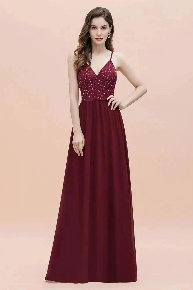 V-Neck Sleeveless Aline Evening Dress Sequins Bridesmaid Dress - Image 6