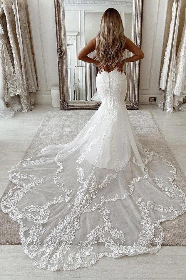 V-neck Sleeveless Appliques Lace Mermaid Floor-length Wedding Dresses - Image 2