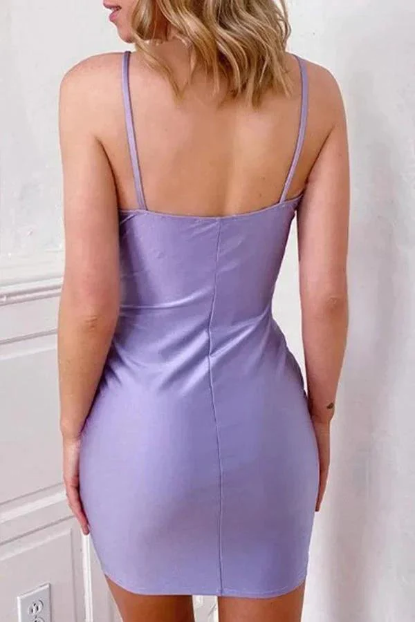 V Neck Sleeveless Elastic Satin Stretch Crepe Mini Homecoming Dress PD479 - Image 2