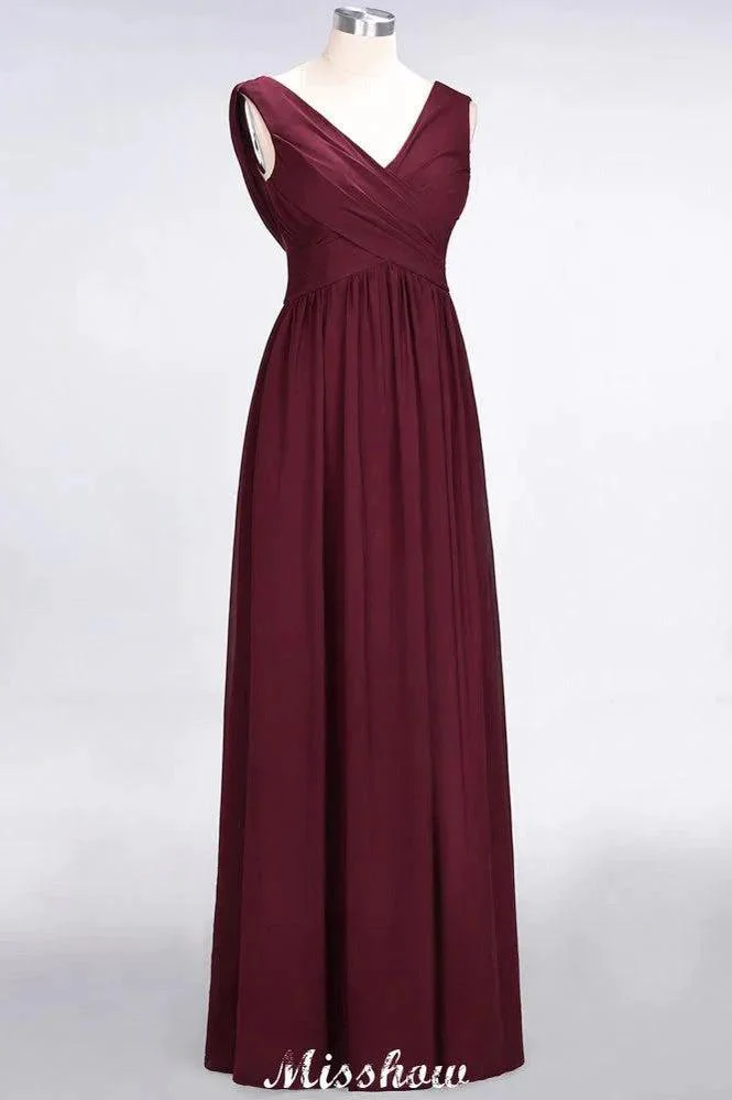V-Neck Sleeveless Floor-Length Bridesmaid Dress Aline Ruffles Chiffon Party Gown - Image 3