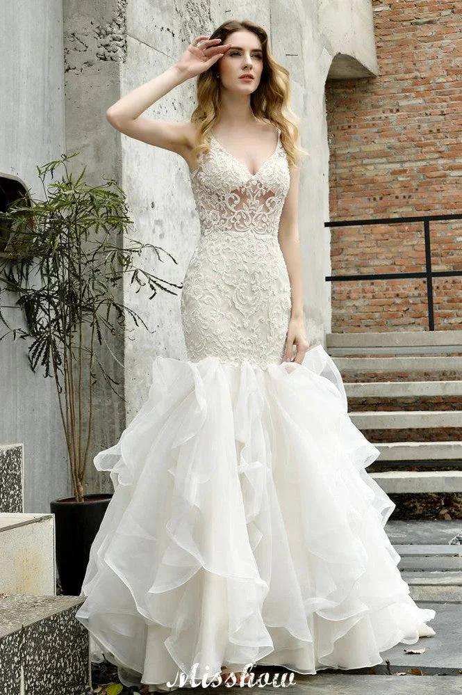 V-Neck Sleeveless Floral Lace Mermaid Bridal Gown Garden Puffy Tulle Slim Wedding Dress - Image 10